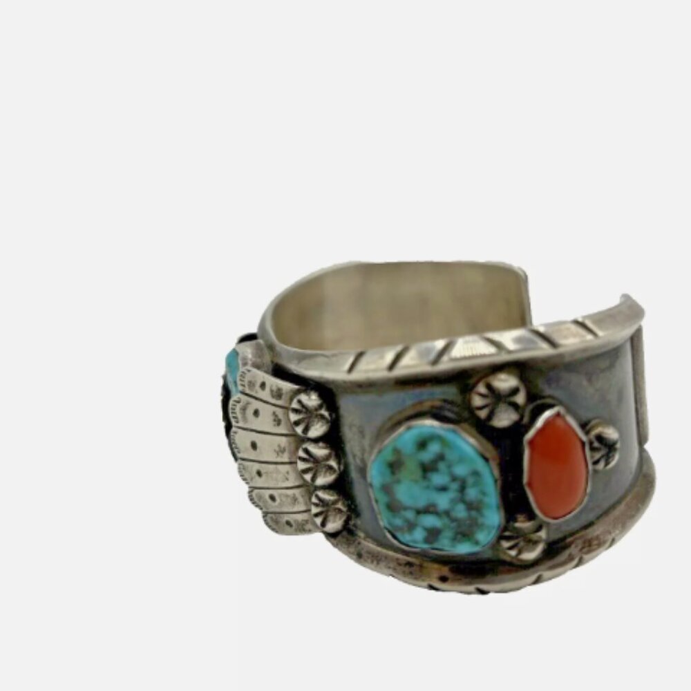 Vintage ML Native‎ American Navajo Zuni Silver Turquoise Coral Cuff Bracelet - Picture 13 of 14